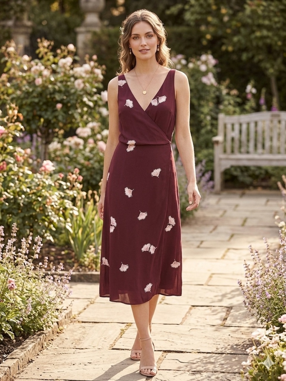 Ann Taylor Burgundy Floral Wrap Midi Dress